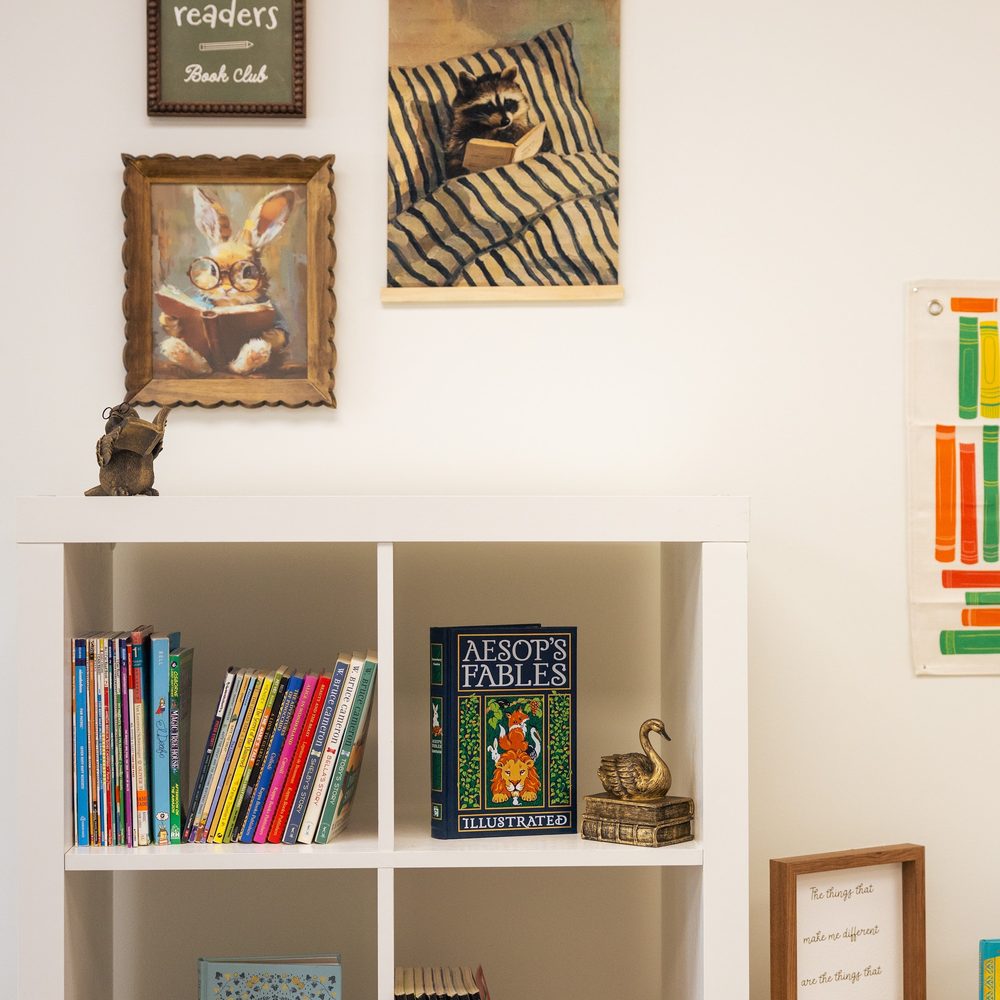 The classroom library, with framed prints above shelves of picture books