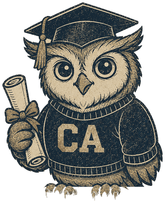 Coop the Owl, the Cupertino Academy mascot, wearing a graduation cap and a CA sweater and holding a diploma