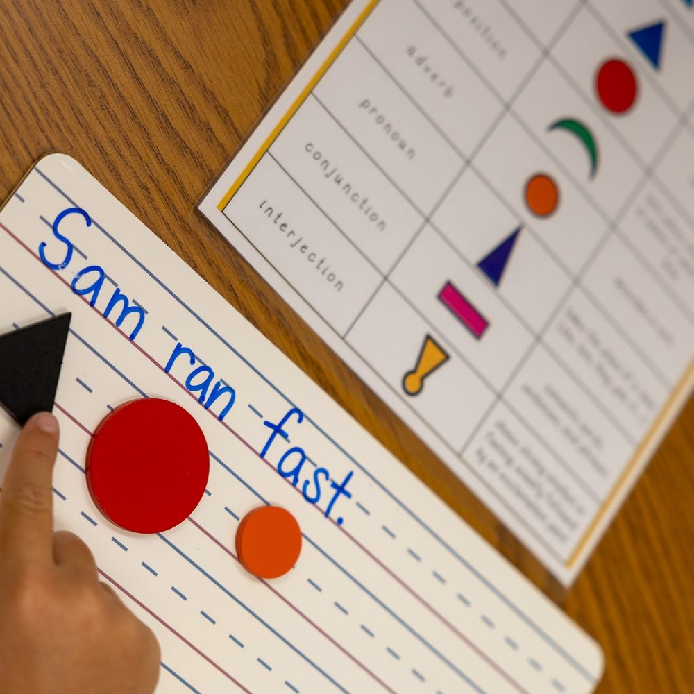 A handwriting board beside a Montessori grammar symbol chart